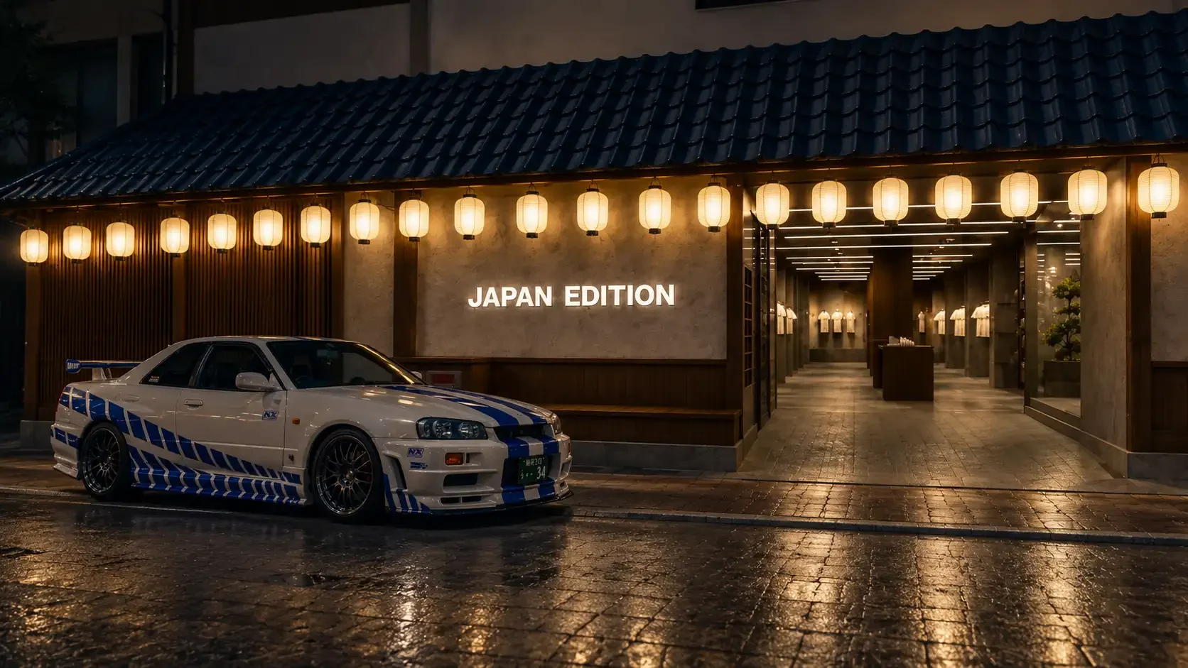 R34 Skyline at a high-end dinner venue entrance at night